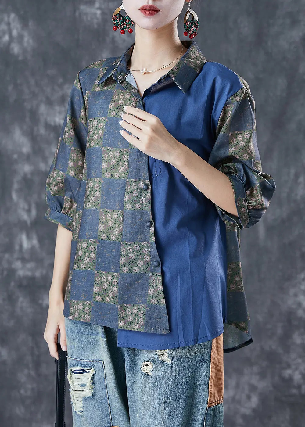 Handmade Navy Asymmetrical Patchwork Linen Top Half Sleeve Ada Fashion