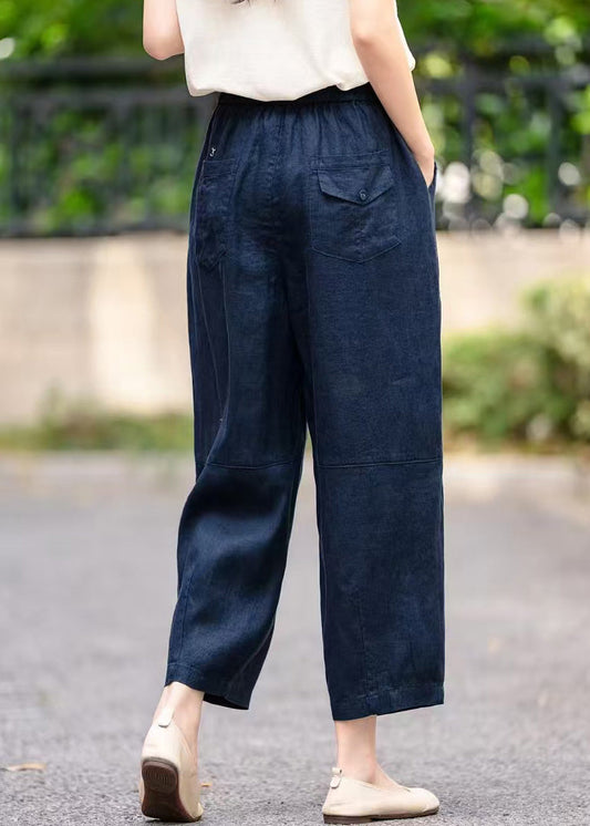Pantalon bleu marine taille élastique poches été court lin fait main
