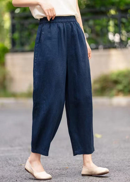 Pantalon bleu marine taille élastique poches été court lin fait main