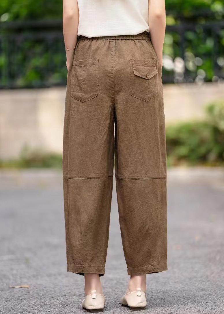 Pantalon bleu marine taille élastique poches été court lin fait main
