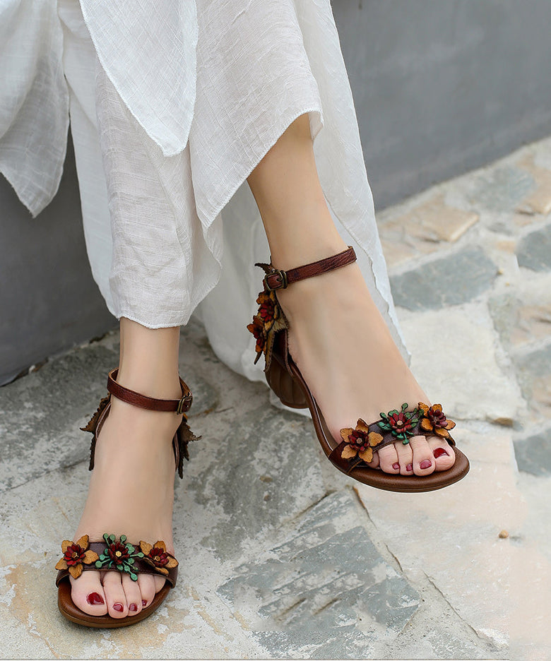 Handgemachte orangefarbene Sandalen mit Blumenmuster aus dickem Rindsleder mit Peep Toe SL1003