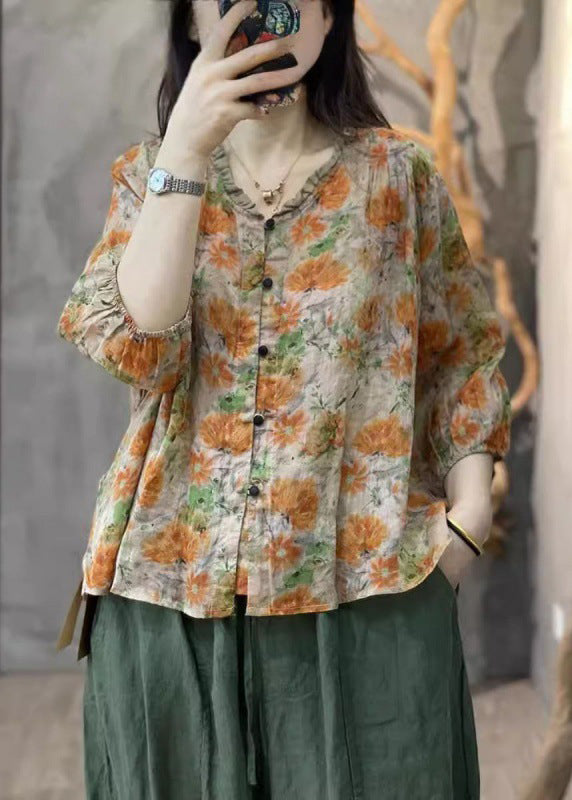 Gerüschtes handgemachtes Ärmel-Oberteil mit orangefarbenem Baumwolldruck