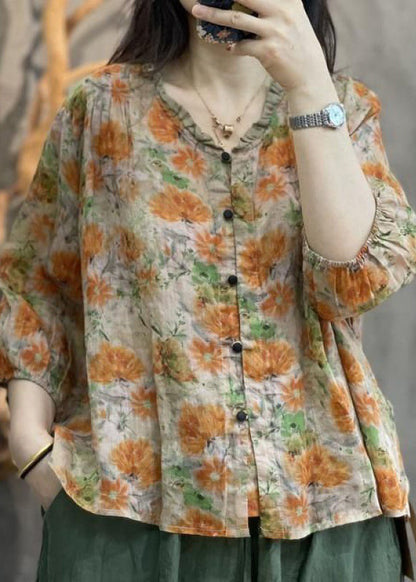 Gerüschtes handgemachtes Ärmel-Oberteil mit orangefarbenem Baumwolldruck