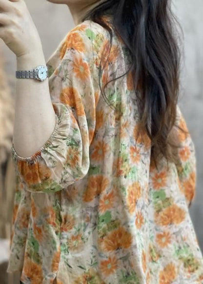 Gerüschtes handgemachtes Ärmel-Oberteil mit orangefarbenem Baumwolldruck