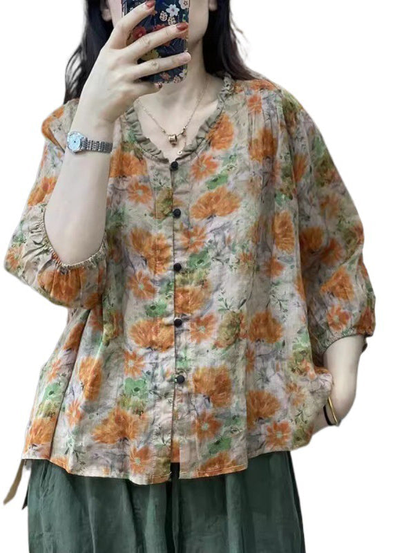 Gerüschtes handgemachtes Ärmel-Oberteil mit orangefarbenem Baumwolldruck