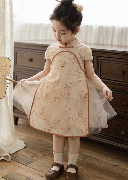 Robe longue en tulle orange à col montant et manches courtes pour enfants, faite à la main, MN003