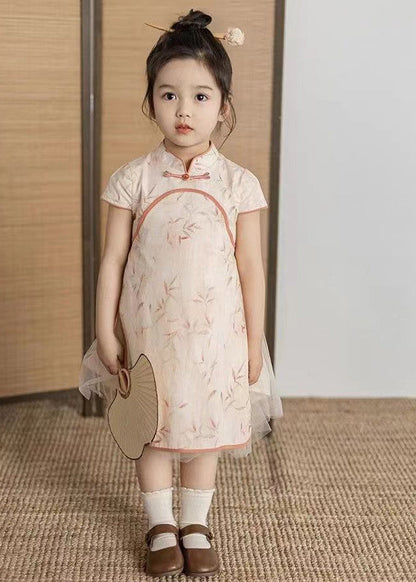 Robe longue en tulle orange à col montant et manches courtes pour enfants, faite à la main, MN003