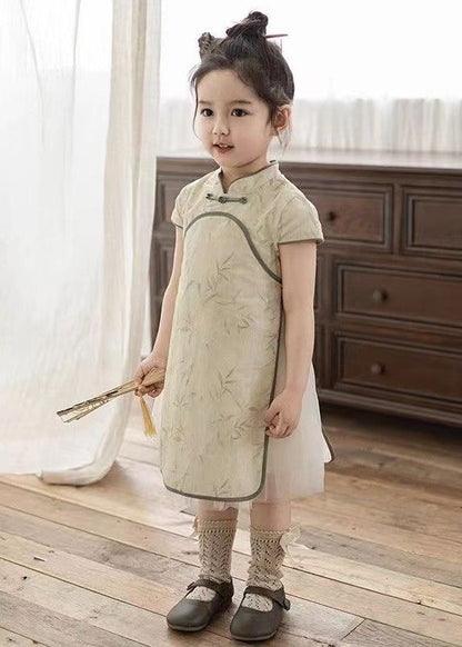 Robe longue en tulle orange à col montant et manches courtes pour enfants, faite à la main, MN003