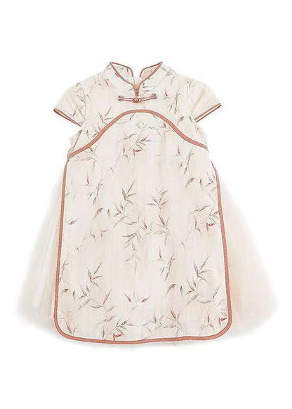 Robe longue en tulle orange à col montant et manches courtes pour enfants, faite à la main, MN003