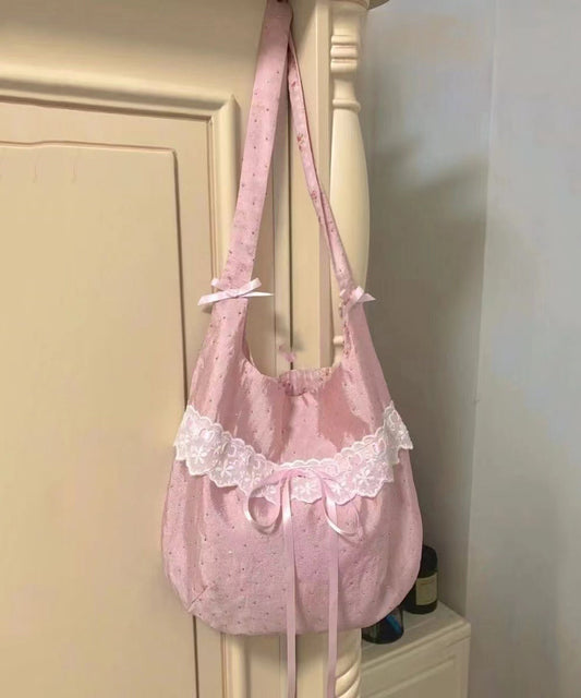 Handmade Pink Bow Lace Canvas Satchel Handbag WI032