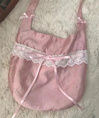 Sac à main en toile avec dentelle et nœud rose fait main WI032