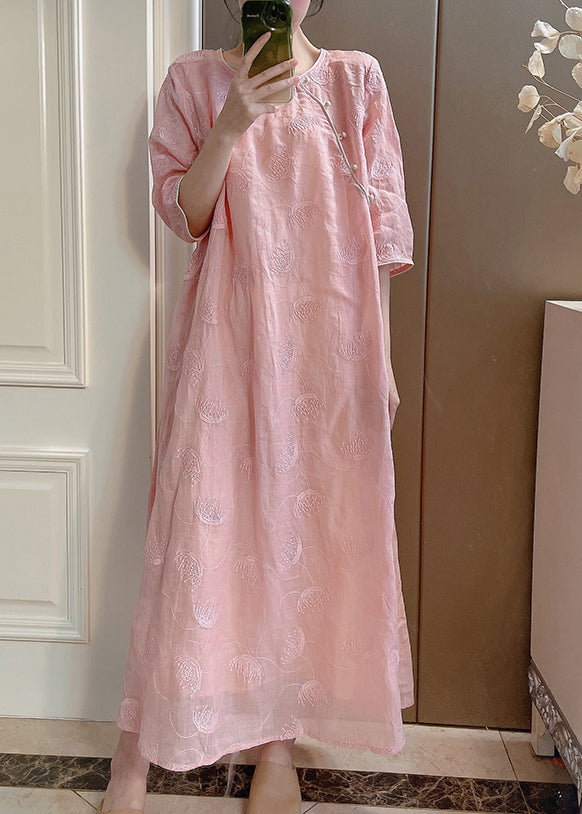 Handmade Pink O-Neck Embroidered Linen Long Dresses Summer XX036