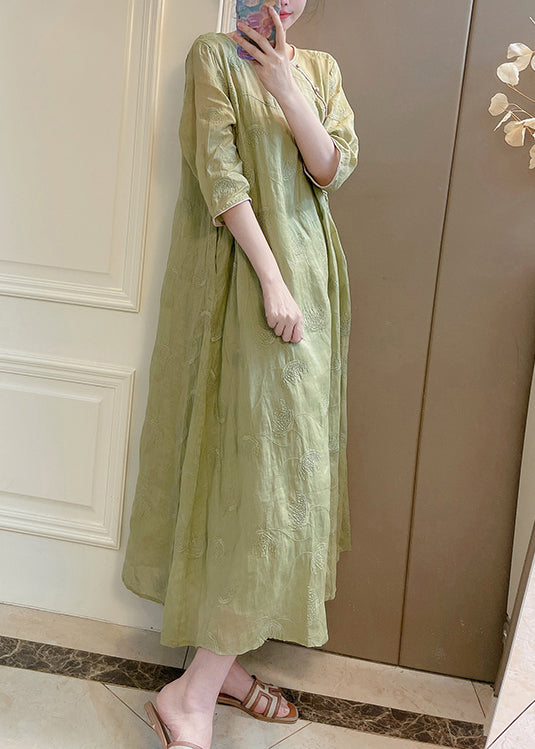 Handmade Pink O-Neck Embroidered Linen Long Dresses Summer XX036