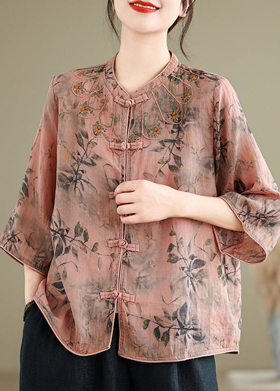 Handmade Pink O-Neck Print Embroidered Button Top Half Sleeve AP012