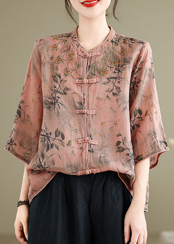 Handmade Pink O-Neck Print Embroidered Button Top Half Sleeve AP012