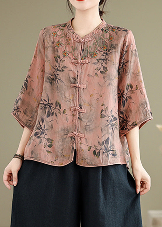 Handmade Pink O-Neck Print Embroidered Button Top Half Sleeve AP012