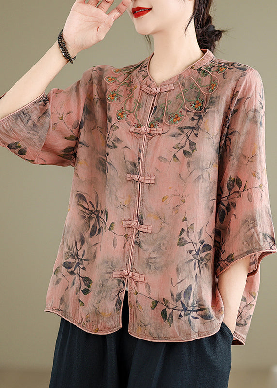 Handmade Pink O-Neck Print Embroidered Button Top Half Sleeve AP012