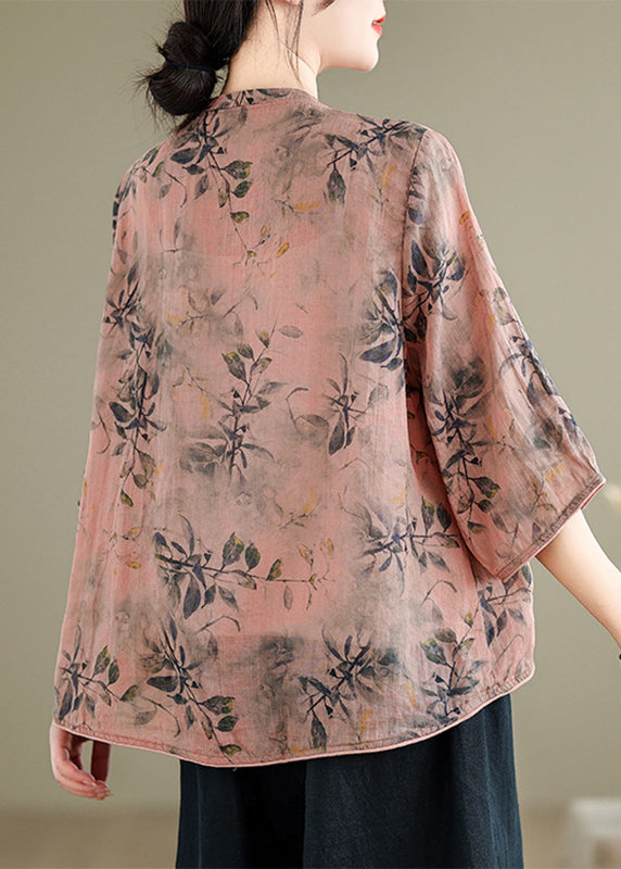 Handmade Pink O-Neck Print Embroidered Button Top Half Sleeve AP012