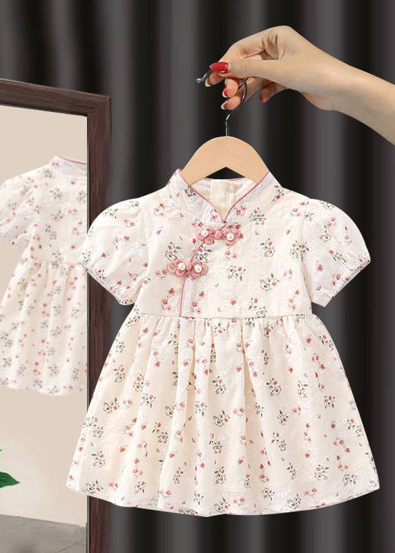 Handgemachtes rosa Stehkragen-Print Kinder Maxikleid Kurzarm MN018