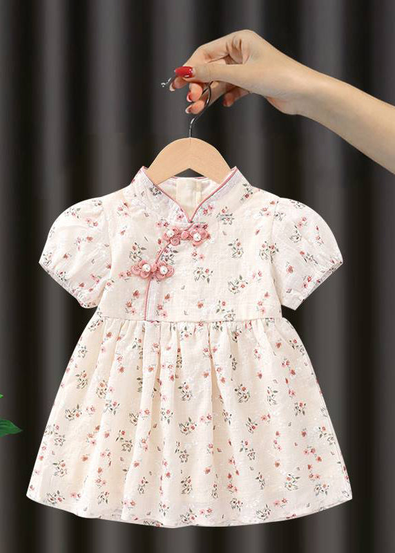 Handgemachtes rosa Stehkragen-Print Kinder Maxikleid Kurzarm MN018