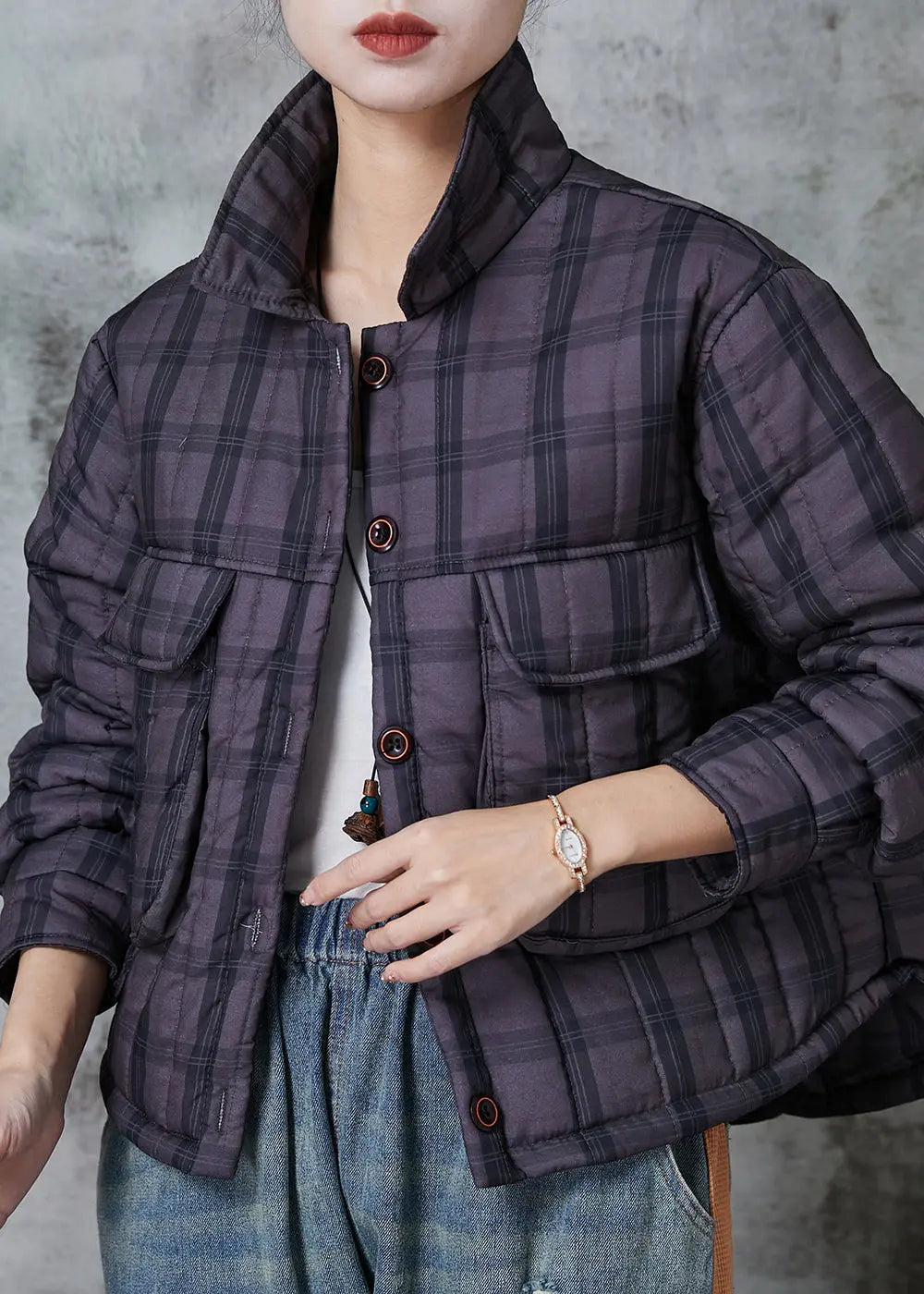 Handmade Purple Plaid Pockets Fine Cotton Filled Women Witner Coats Ada Fashion