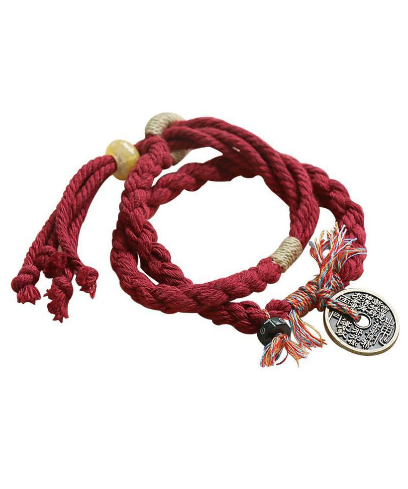 Handgemachtes rotes handgefertigtes Weben von Kupfermünzen, Garn, Quaste, Bettelarmband YD008