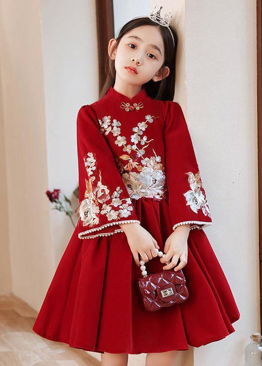 Kragen Langen Ständer Mädchen Kleid Rot Handgemachte Faltig Frühling