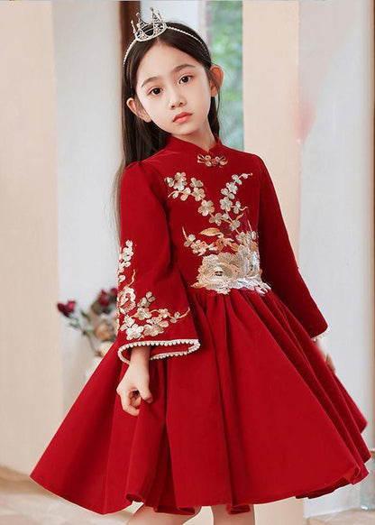 Kragen Langen Ständer Mädchen Kleid Rot Handgemachte Faltig Frühling