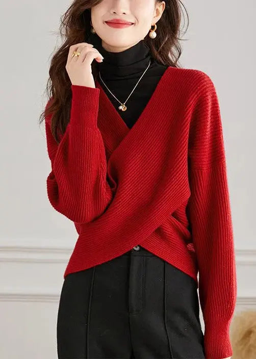 Handmade Red V Neck Cross Connection Knit Tops Spring Ada Fashion