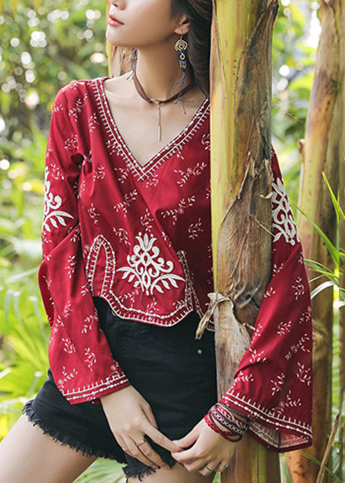 Sleeve Flare Handmade V Neck Top Cotton Embroidered Red