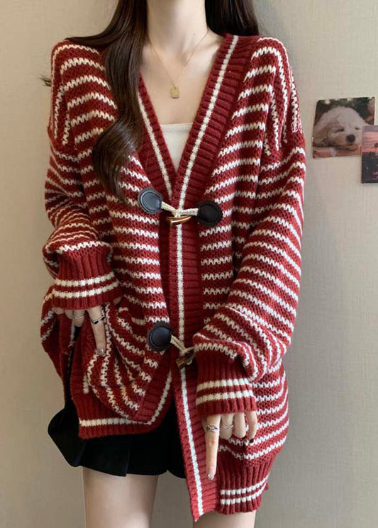 Cardigan rayé rouge fait main en tricot à col en V, hiver RG036