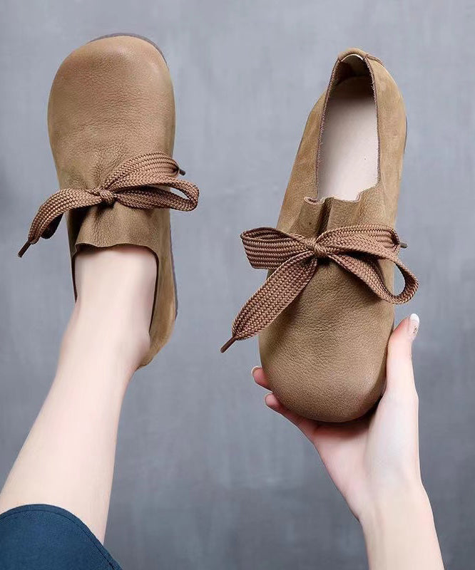 Handmade Retro Coffee Cowhide Leather Flats Shoes WT014