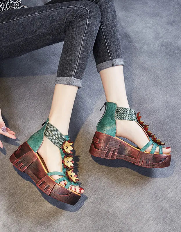 Handmade Retro Leather Flower Platform Sandals Ada Fashion