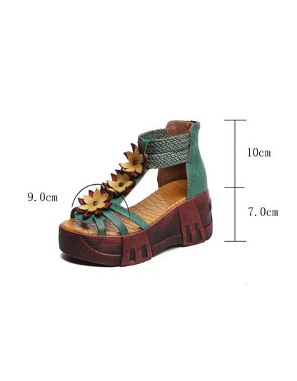 Handmade Retro Leather Flower Platform Sandals Ada Fashion