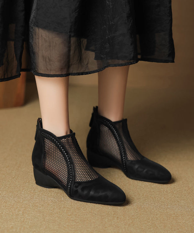 Schwarze klobige Spleißstiefel, handgefertigt, atmungsaktiv