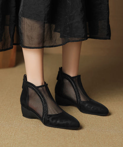 Schwarze klobige Spleißstiefel, handgefertigt, atmungsaktiv