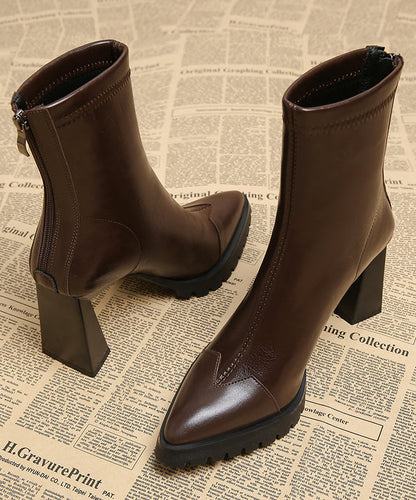 Handmade Cowhide Chunky Boots Leather Brown Splicing Heels