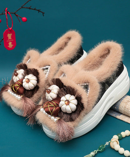 Handgemachte Spleißen Quaste Nagel Perle Plattform flache Schuhe Kaffee Fuzzy Wolle gefüttert TQ039