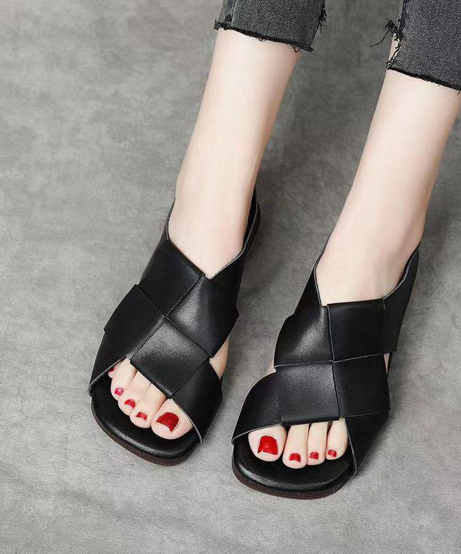 Handmade Splicing Walking Sandals Black Cowhide Leather Peep Toe DD1064