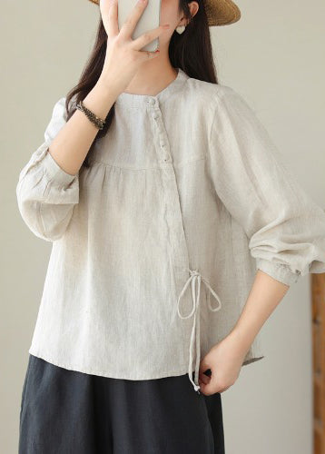 Chemises en lin blanc asymétriques à lacets faites à la main, printemps TM023