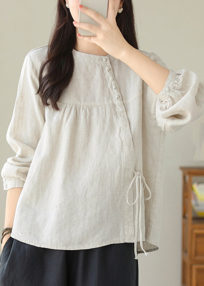 Chemises en lin blanc asymétriques à lacets faites à la main, printemps TM023