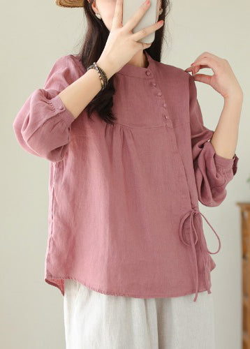 Chemises en lin blanc asymétriques à lacets faites à la main, printemps TM023