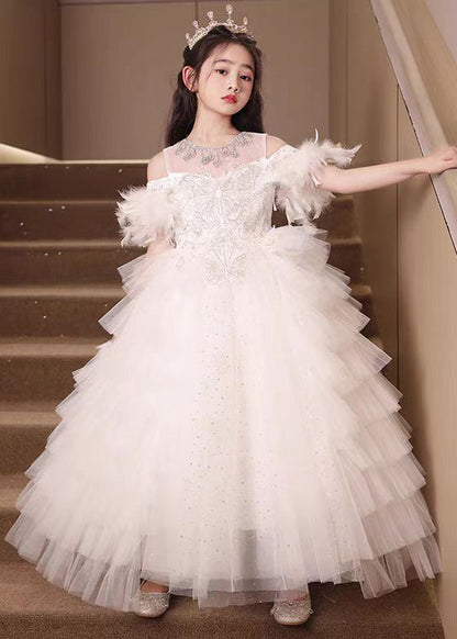 Robe de princesse en tulle et plumes blanches pour filles, faite à la main, en zircon, pour l'été, TT040