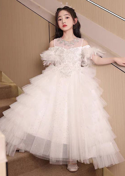 Robe de princesse en tulle et plumes blanches pour filles, faite à la main, en zircon, pour l'été, TT040