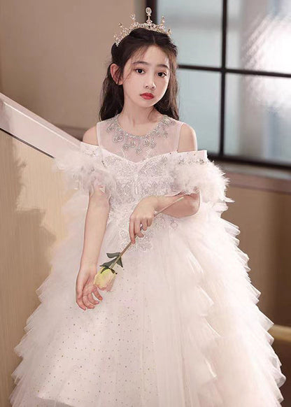 Robe de princesse en tulle et plumes blanches pour filles, faite à la main, en zircon, pour l'été, TT040