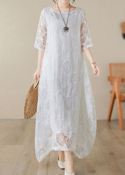 Handmade White O Neck Hollow Out Lace Dress Summer AP082