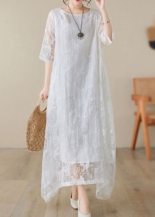 Handmade White O Neck Hollow Out Lace Dress Summer AP082