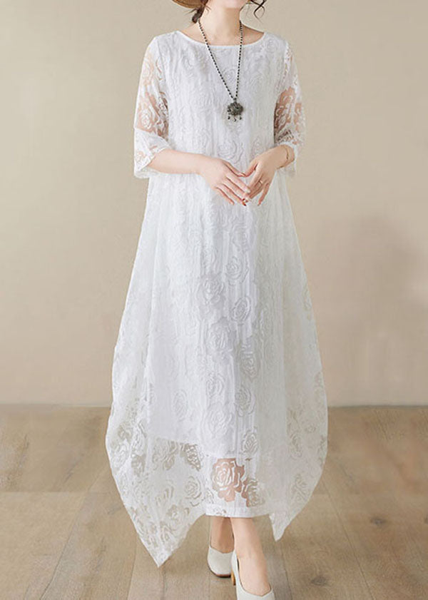 Handmade White O Neck Hollow Out Lace Dress Summer AP082