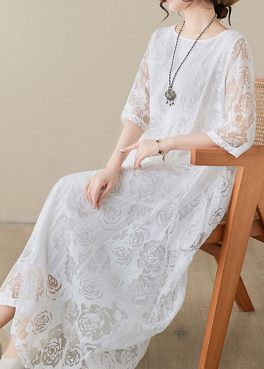 Handmade White O Neck Hollow Out Lace Dress Summer AP082