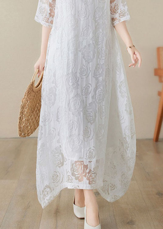 Handmade White O Neck Hollow Out Lace Dress Summer AP082